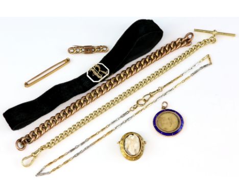 Group of jewellery, fancy link Albert chain of 18ct yellow gold and platinum links, cameo brooch, Edwardian enamel and pear l
