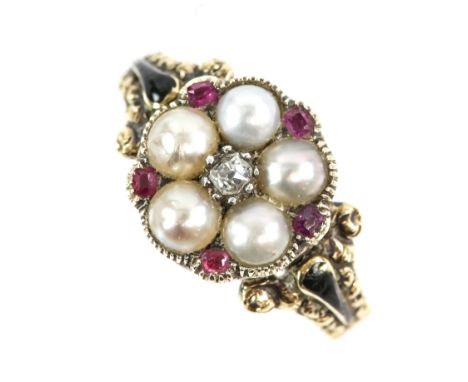 Georgian ring, central diamond surrounded by five pearls and five rubies, black enamel detail on shoulders, reverse engraved 