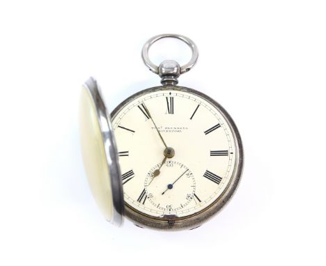 Late Victorian Thos Blundell Liverpool silver open faced pocket watch, enamel dial with Roman numerals, subsidiary dial and m