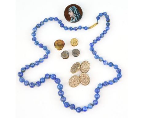 Group of antique and vintage jewellery, a Limoge enamel portrait brooch, Lapis Lazuli bead necklace to a gold clasp, 15 ct go
