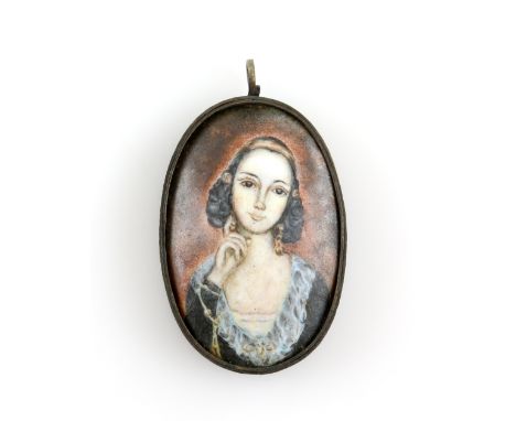 Enamel plaque with portrait of a young lady in base metal frame, 6.2 x 3.5cm .     CONDITION gross weight 20.3 grams