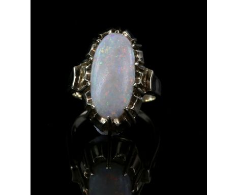 Vintage opal dress ring, oval cabochon cut opal, 17 x 8mm, mount stamped 14ct, ring size M.     CONDITION14 ct gross weight 7