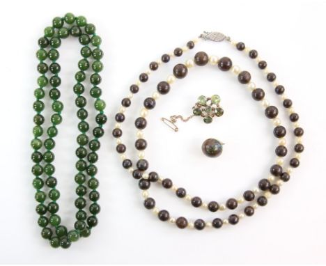 A bolder opal and cultured pearl necklace, with silver clap, a similar brooch in 15 ct gold mount, a nephrite jade necklace a