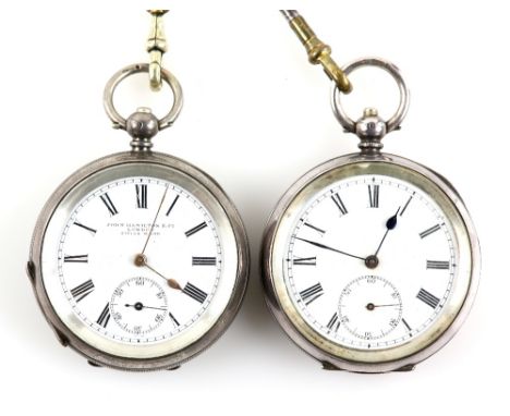 A silver open face  pocket watch the enamel dial signed , John Hamilton &amp; Co London with Roman numeral hour markers and a