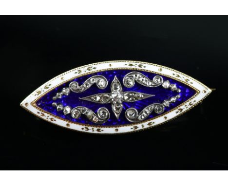 19th C Navette form brooch set with Rose cut diamonds, blue and white enamel, with later pin and roll catch fitting, glazed p
