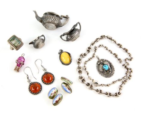Mixed group of items, including silver rings, cufflinks, charms, earrings, graduated Anchor link chain, miniature silver tea 