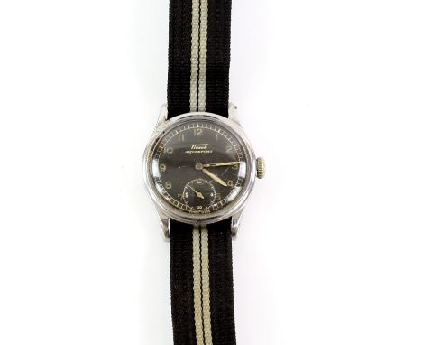 Vintage 1940's Tissot Aquasport gentleman's wrist watch, the matt black dial with gilt numerals, and subsidiary seconds, fitt