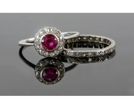 Mid 20th C synthetic ruby and old cut diamond cluster ring, mounted in platinum, ring size S and a diamond full eternity ring