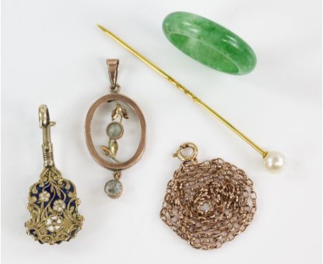 Mixed group of items, an Edwardian pendant with a chain, marked 9 ct a jade ring, pearl stick pin and enamelled watch holder 