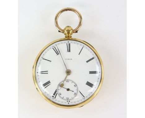 Gold pocket watch with enamel dial  marked 17828, with black roman numeral hour markers and subsidiary seconds dial,key wound
