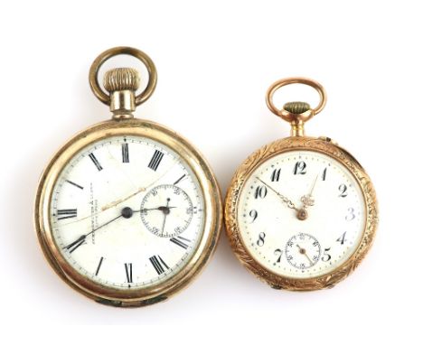 A ladies open face pocket watch in gold case ,the  white enamel dial with Arabic numeral hour  markers and railway minute tra
