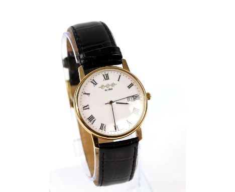 W H Winegarten gentleman's gold  wrist watch  the  white enamel dial with black roman numerals,minute track ,date at three. f