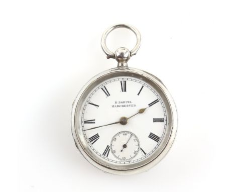 Late Victorian Open face pocket watch, enamel dial signed H Samuel, Roman numeral hour markers, minute track and subsidiary s