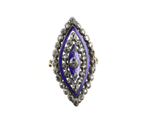 Georgian period marquise set ring, blue enamel set with rose cut diamonds, silver and 9 ct gold mount, C 1780, ring size L 1/