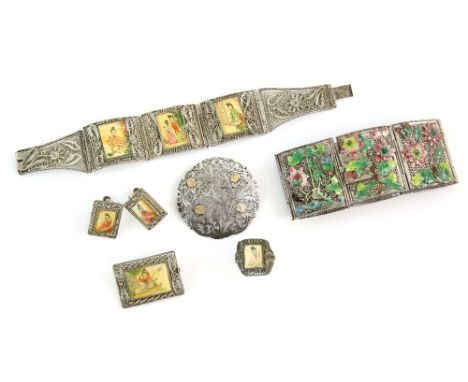 Chinese enamel panel bracelet, with design of birds and flowers, a Persian brooch in white metal with gold, and a filigree pa