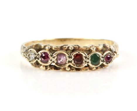 Vintage Regard ring, set with round cut ruby, emerald, garnet, amethyst, ruby and diamond, mounted in 9 ct yellow gold, hallm