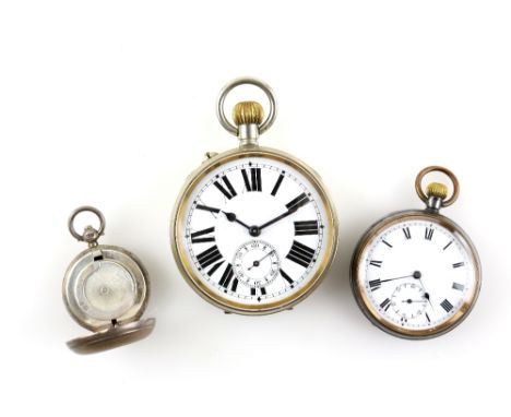 Goliath pocket watch, enamel dial with Roman numerals, subsidiary dial and minute track in Nickel case, red display case, ano