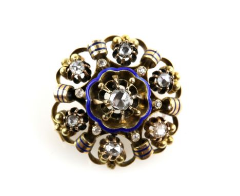 Antique enamel and diamond brooch, set with rose cut diamonds and enamelled bands in high relief, estimated total diamond wei