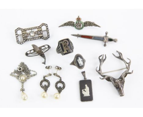 A group of silver jewellery, Art Deco paste set pendant, RAF enamel brooch, Scottish hardstone dirk brooch , other items of s