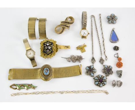 A group of costume jewellery, Victorian gilt metal and enamel bracelet, similar part bracelet, small silver case, butterfly w