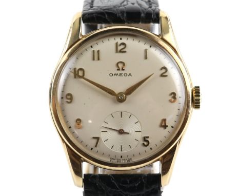 Omega; A gentleman's gold wristwatch, the white signed dial with Arabic numeral hour markers within a minute track, subsidiar