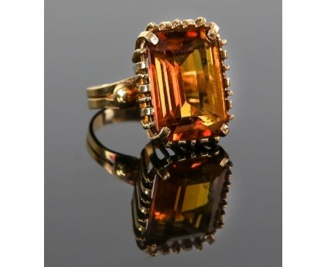 Vintage cocktail ring, rectangular step cut synthetic orange sapphire, 17 x 13mm claw set, with wire detail and bar under gal