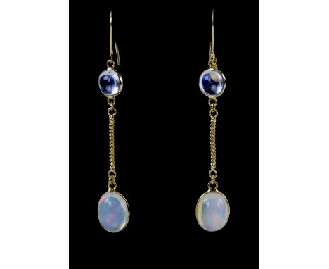 Opal and moonstone drop earrings; oval cabochon opals suspended from round cabochon moonstones, collet set with a chain link,