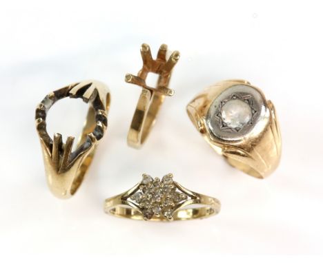 Two rings, one paste set signet ring, mount testing as 14 ct, ring size Q, diamond cluster, and two ring mounts, all  in 9 ct