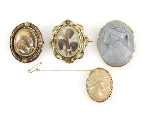 Four brooches, one Victorian on bloomed gold, with wirework detail, central swivel hairwork panel, pin and catch fitting, 4 x