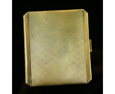 1930's gold cigarette case, engine turned decoration, canted corners, 9 ct hallmarked London 1936, made by P G Dodd &amp; Son