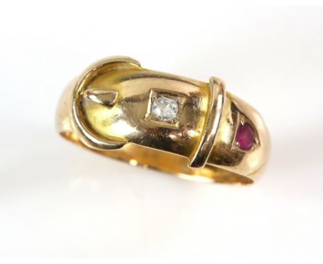 Late Victorian ruby and old cut diamond buckle ring, mounted in 15 ct, hallmarked Chester 1888, ring size M.     CONDITION 15