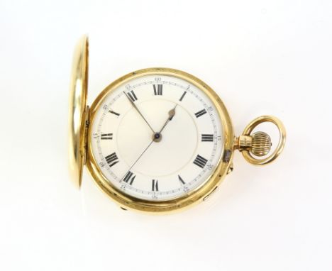Full hunter gold Pennington &amp; Batty pocket watch, enamel dial with Roman numerals, railway minute track, lever wind movem