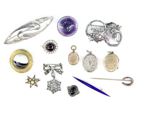 A mixed group of costume jewellery, including paste set brooches, including a star and bow design brooch fitting, Aksel Holms