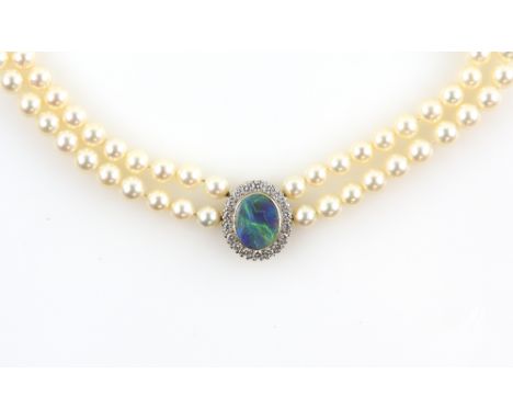 Pearl and opal diamond necklace, set with an opal triplet within a border of diamonds, estimated total diamond weight 0.90 ca