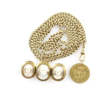 Gold fancy link Albert chain, testing as 9 ct with a George III 1787 gold Spade Guinea and a shell cameo brooch mounted in gi