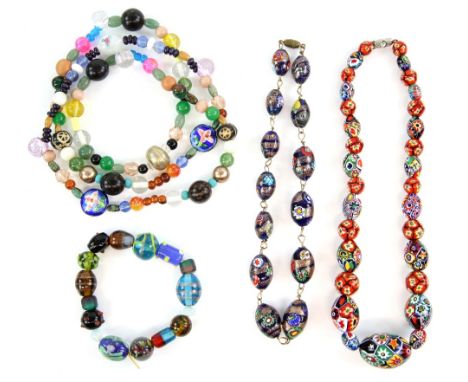 A vintage Venetian glass necklace, with additional silver enamel beads, 80cm in length, with two other millefiori necklaces a