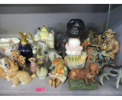 A Royal Osborne Mrs Tiggy Winkle musical model, mixed figural groups and animal models along with mixed china to include a Hu