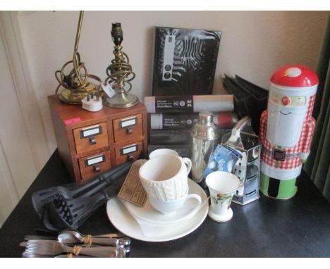 A vintage style hardwood table top stationary storage box, together with eight brand new photograph albums, two brass table l