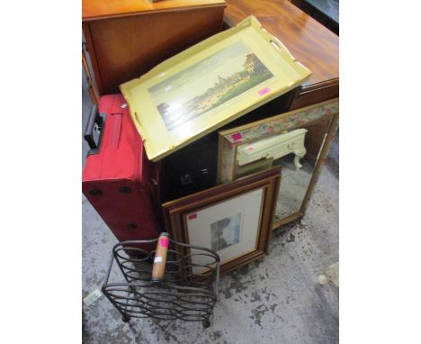 A mixed lot to include a twin handled tray, a wine rack, a shredder, a mirror and other items 