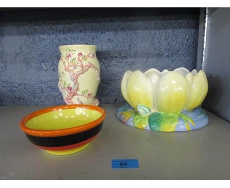 Clarice Cliff to include a Waterlily bowl, a Cherry Tree design Newport pottery vase A/F, and a small bowl decorated with ora