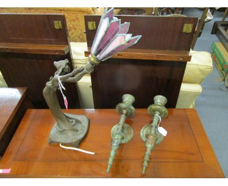 An Art Nouveau style modern bronzed, composition figural table lamp with stained glass panelled shade A/F, along with two met