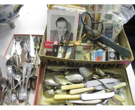 Vintage books, tea and cigarette cards, vintage matchboxes, mixed cutlery, fruit knives, paper knives and a doll's chair 
