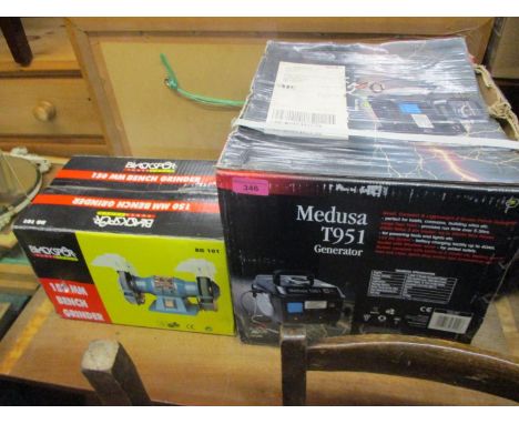 A Blackspur 150mm bench grinder and a Medusa T951 generator, both unused 