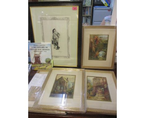 A set of four Victorian watercolours by L. Endacott, with a book on Victorian neglected artists, and a print after Meissonier