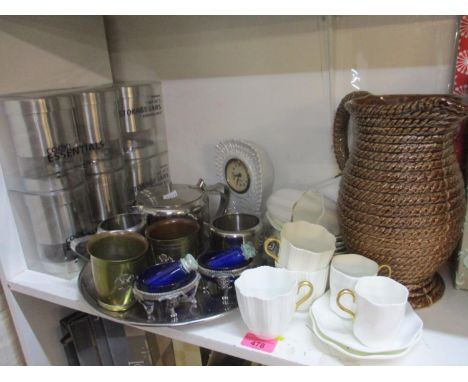 Coalport coffee cans and saucers, mixed metalware to include salts, a vintage jug, retro storage jars and a mantle clock 
