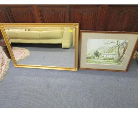 A gilt framed contemporary wall mirror with bevelled glass plate and a framed and glazed print by Monica Barry,  Stonethwaite
