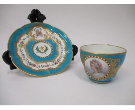 A 19th century Sevres cup and saucer, the cup decorated with a portrait of Marie Therese of France with flowers and foliage i