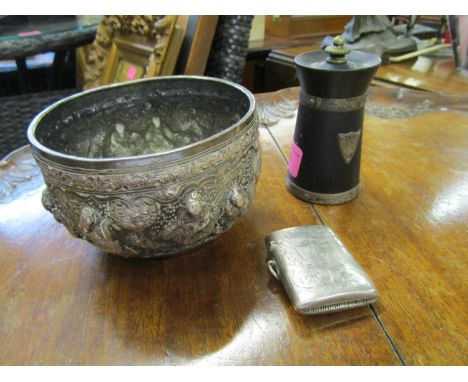 A late Victorian silver vesta case with engraved floral decoration and vacant shaped cartouche, along with an ebony and silve