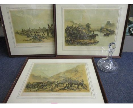 George E Campion - Royal Artillery - a print, together with two others and a Royal Artillery decanter with stopper 