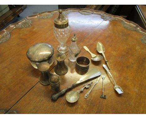 A mixed selection of silver and silver plate to include a three piece silver cruet set, an ivory handled and white metal 19th